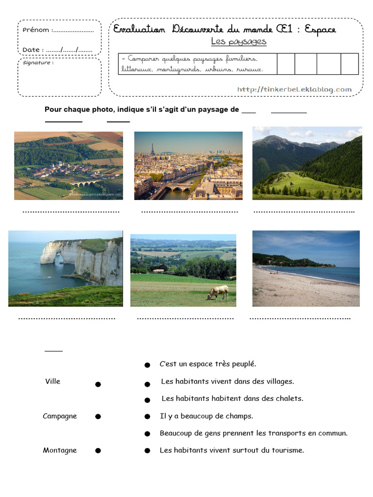 Évaluation des paysages CE1 | PDF