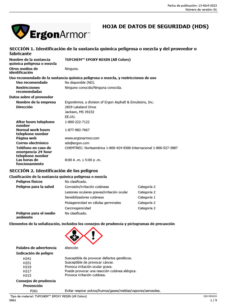 SDS MEXICAN SPANISH - TUFCHEM EPOXY RESIN (All Colors) | PDF | Agua ...