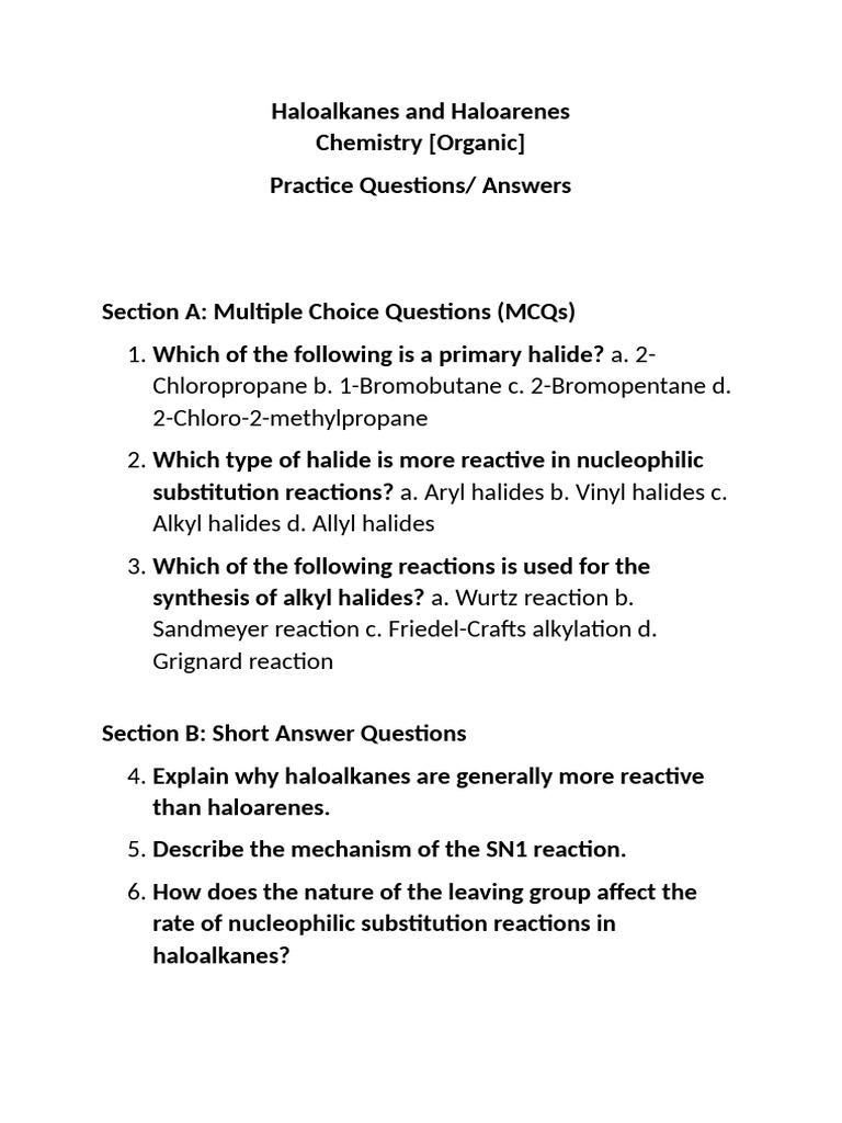 Chemistry Haloalkanes and Haloarenes Practice Questions | PDF ...