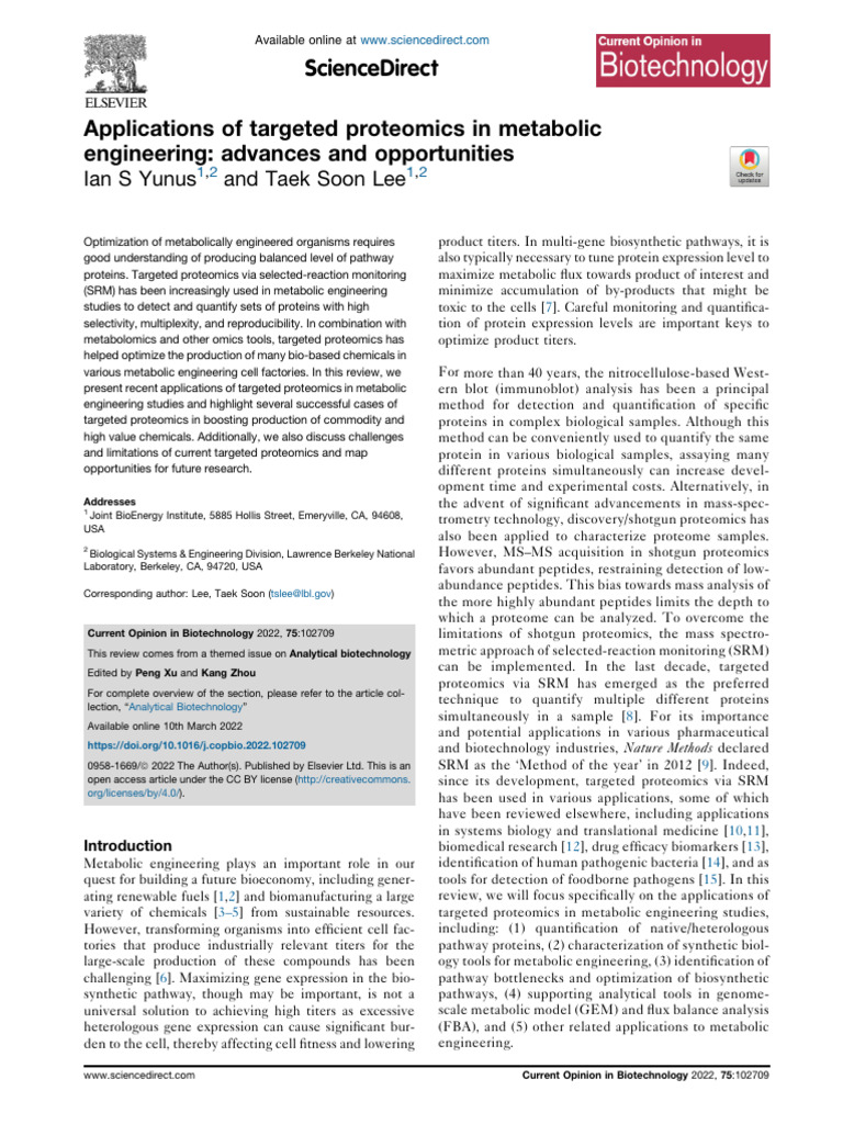 Applications of Targeted Proteomics in Metabolic Eng 2022 Current ...