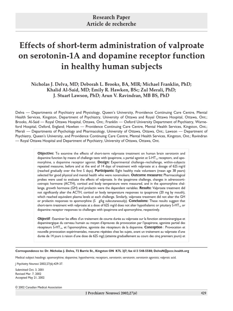 Effects of Short-Term Administration of Valproate On Serotonin-1a and ...