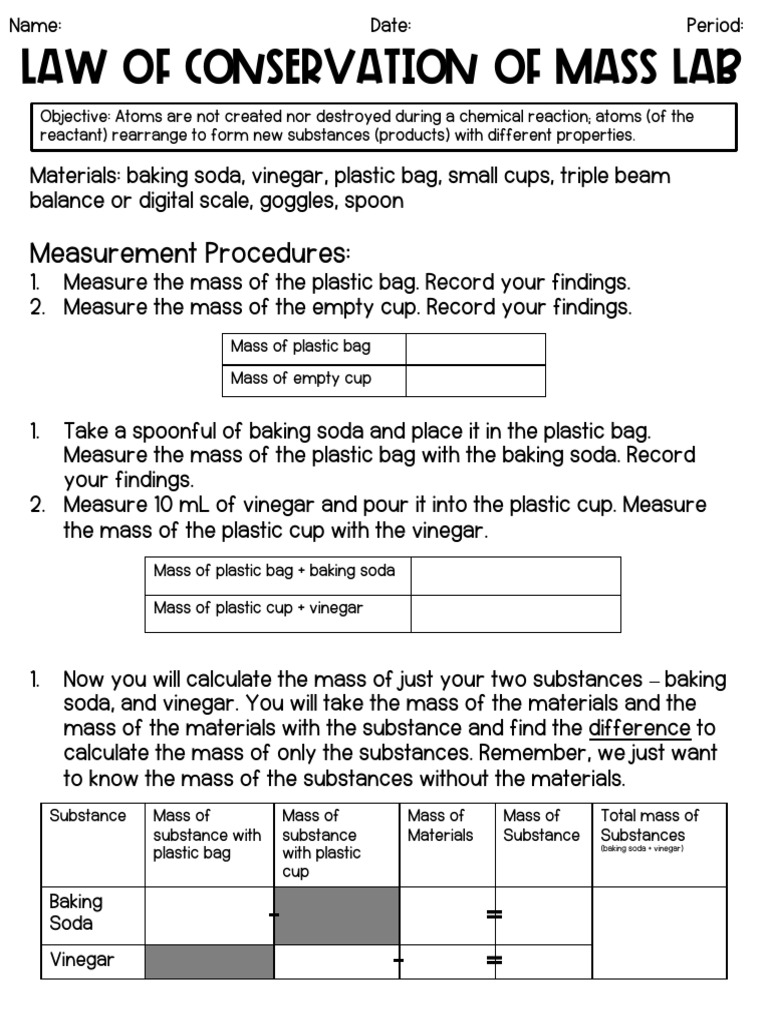 Baking Soda & Vinegar Mass Lab | PDF | Chemical Reactions | Chemical ...