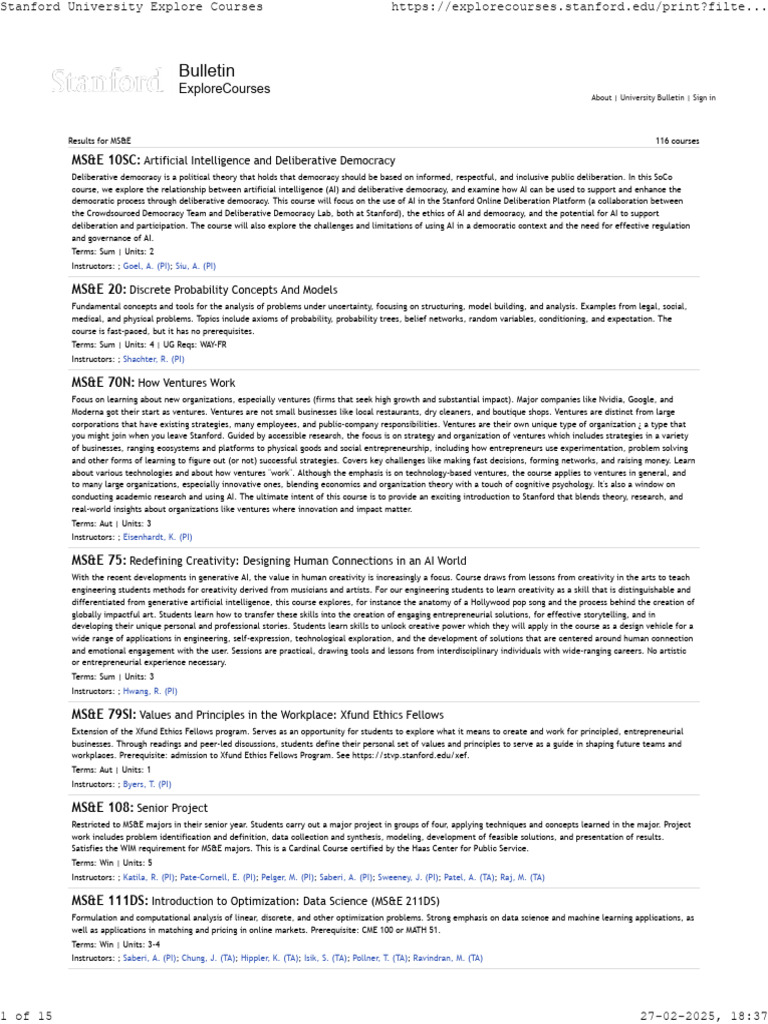 MS&E Course Offerings Overview | PDF | Statistics | Statistical Inference