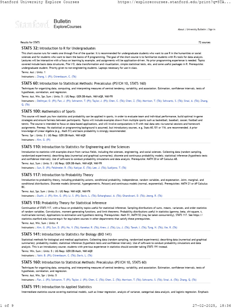 Stanford Statistics Course Overview | PDF | Statistics | Statistical ...