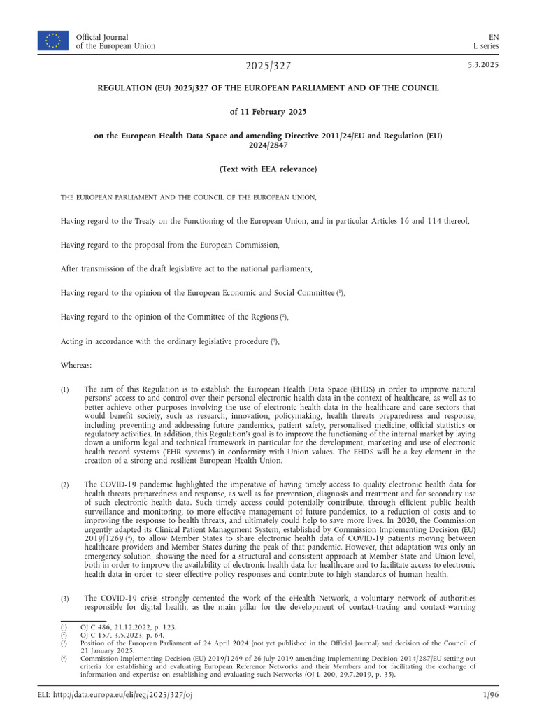 EU Regulation 2025/327 on Health Data | PDF | Electronic Health Record ...