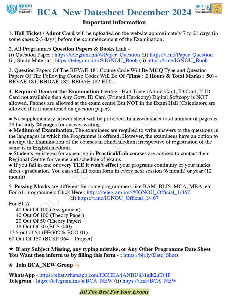 Bca New Datesheet Dec 2024 Uptodatewithupdates Pdf Tests