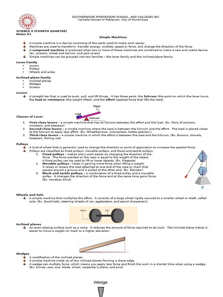 Sci6 4thQtr Notes1 Simple Machine | PDF | Machines | Lever