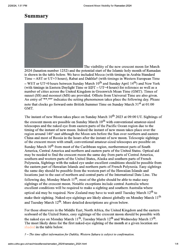 Crescent Moon Visibility For March 2024 | PDF