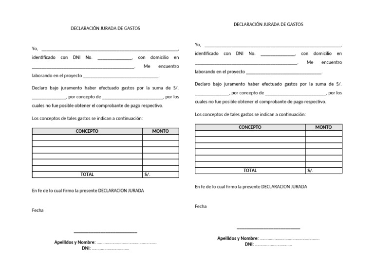 Declaración Jurada de Gastos Sin Comprobante | PDF