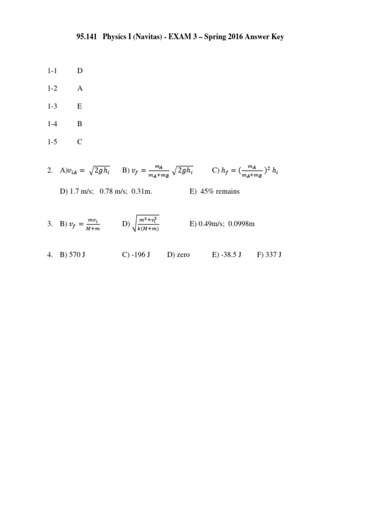 Physics I Exam 3 Answer Key 2016 | PDF
