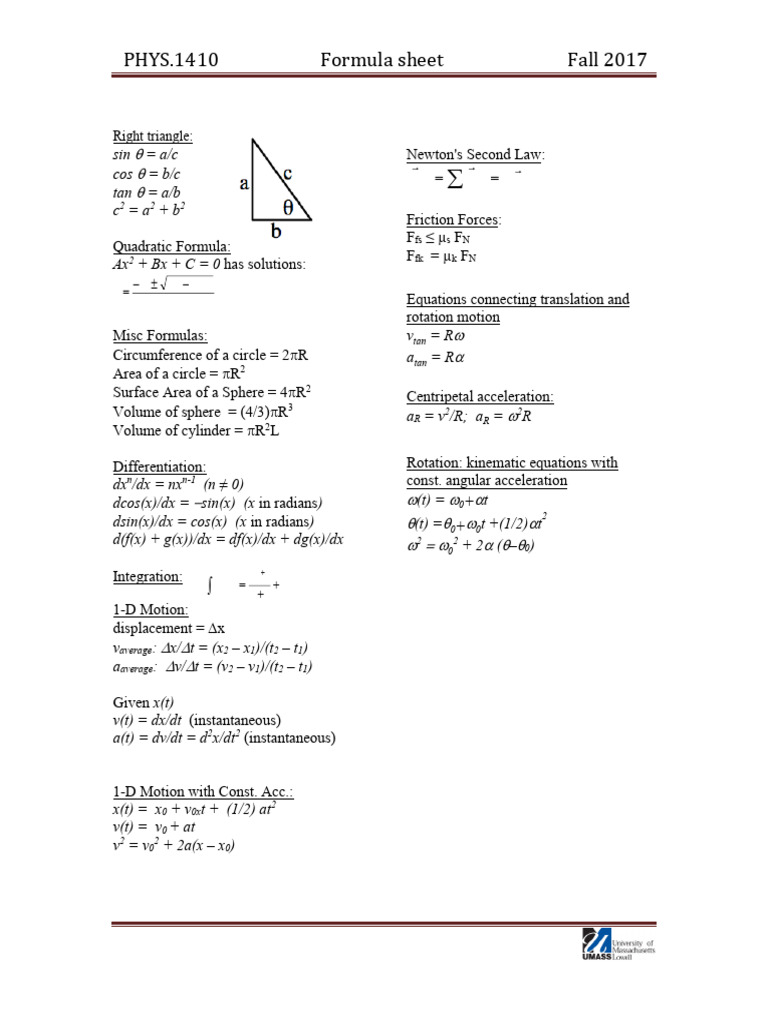 Formulasheet Exam-2 F-2017 | PDF