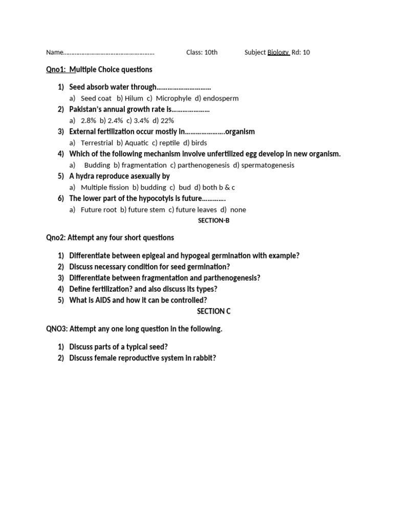 10th Grade Biology MCQs and Questions | PDF