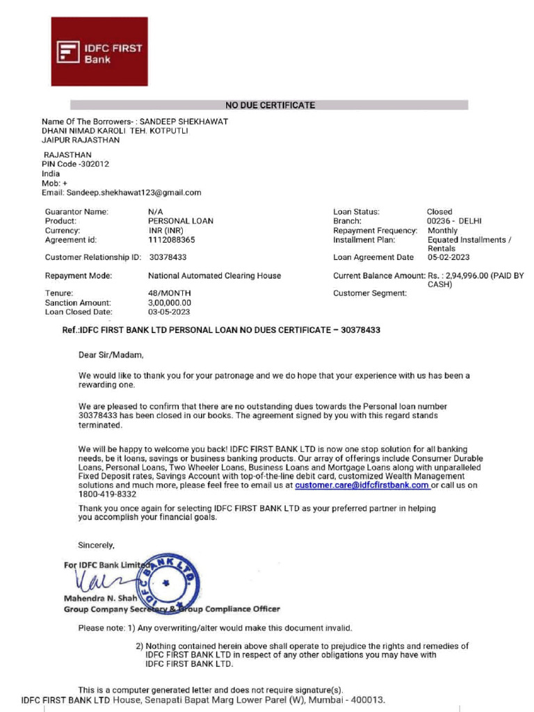 Idfc Noc | PDF