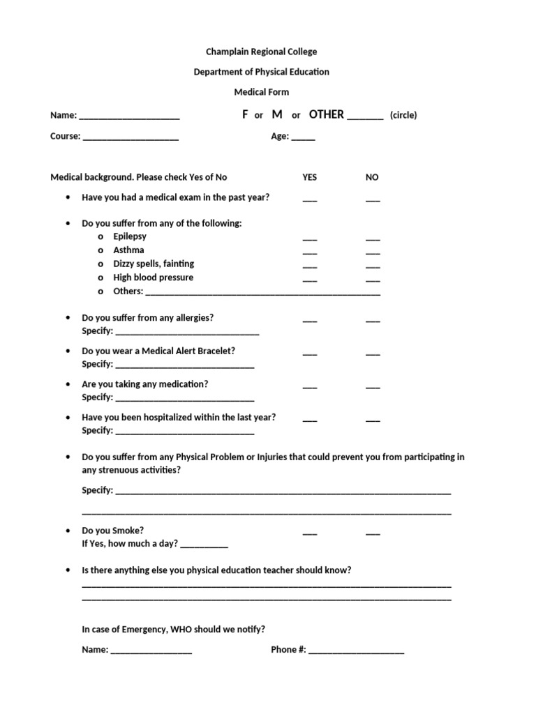 Champlain College Physical Education Medical Form | PDF