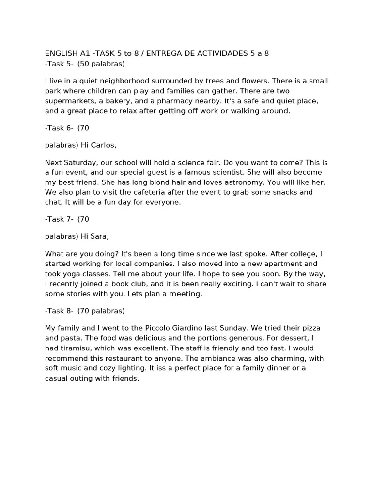 English A1 - Task 5 To 8 - Entrega de Actividades 5 A 8 | PDF