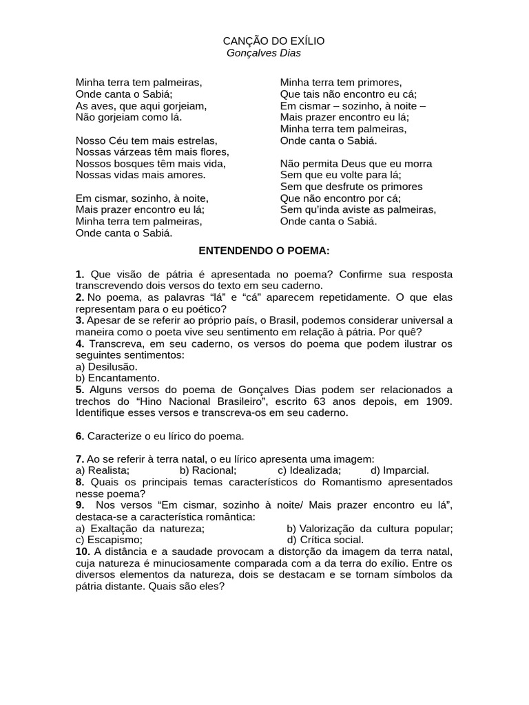 Atividade - Canção Do Exílio | PDF | Romantismo | Poesia
