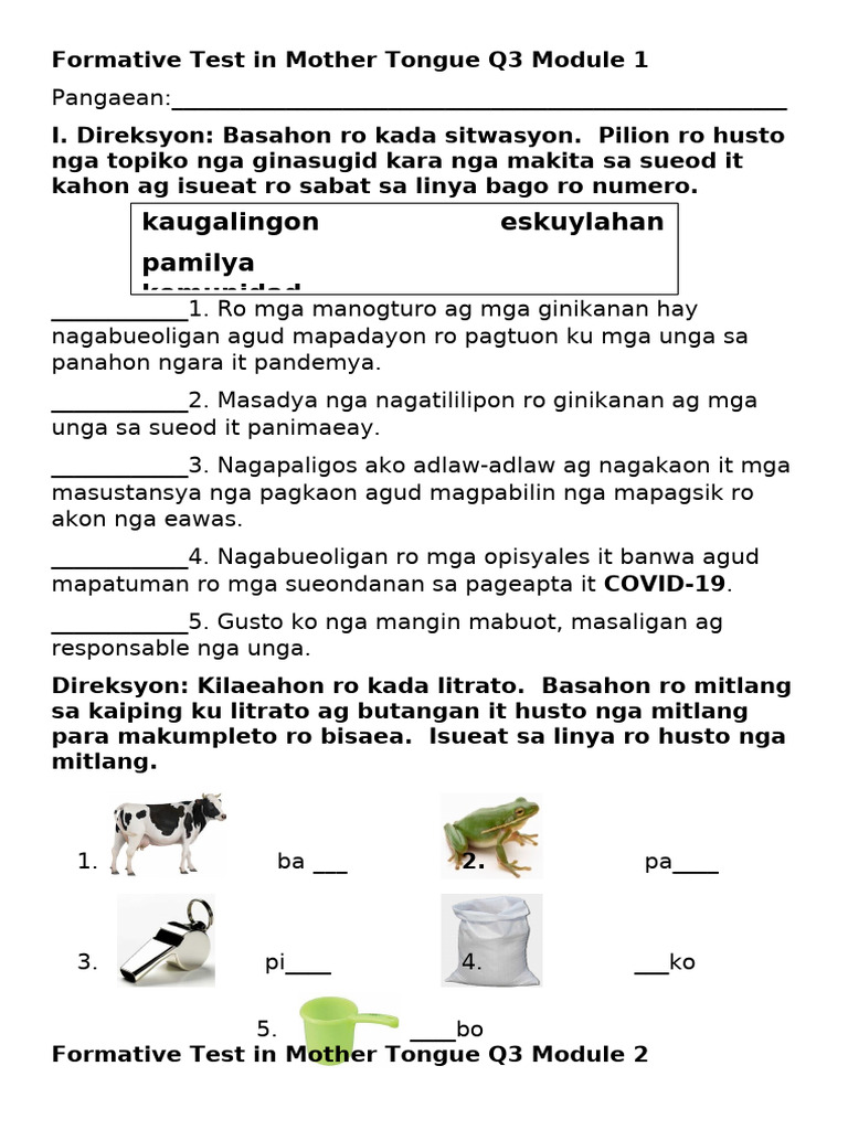 Formative Test in Mother Tongue Q3 Module 1 | PDF