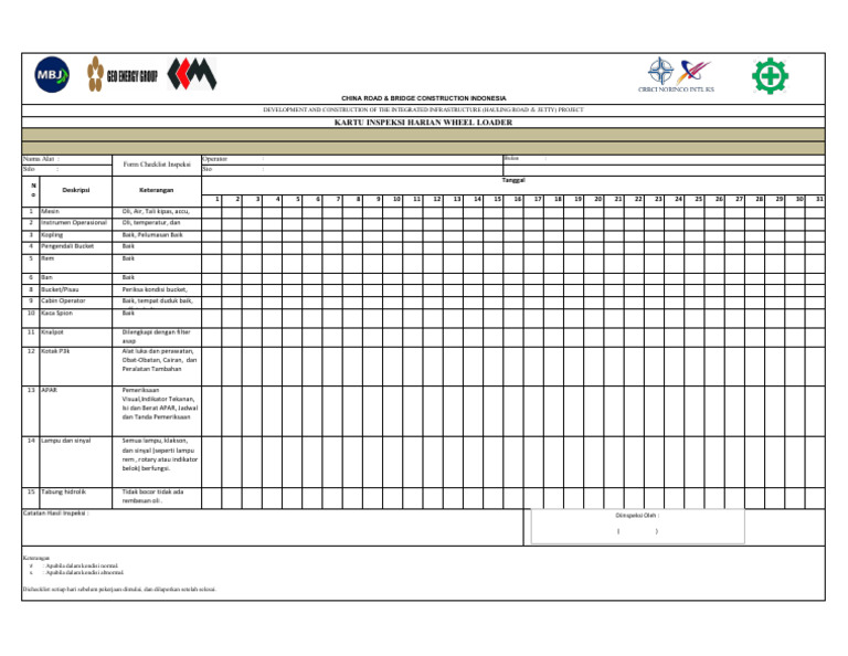 Kartu Inspeksi Harian Wheel Loader | PDF