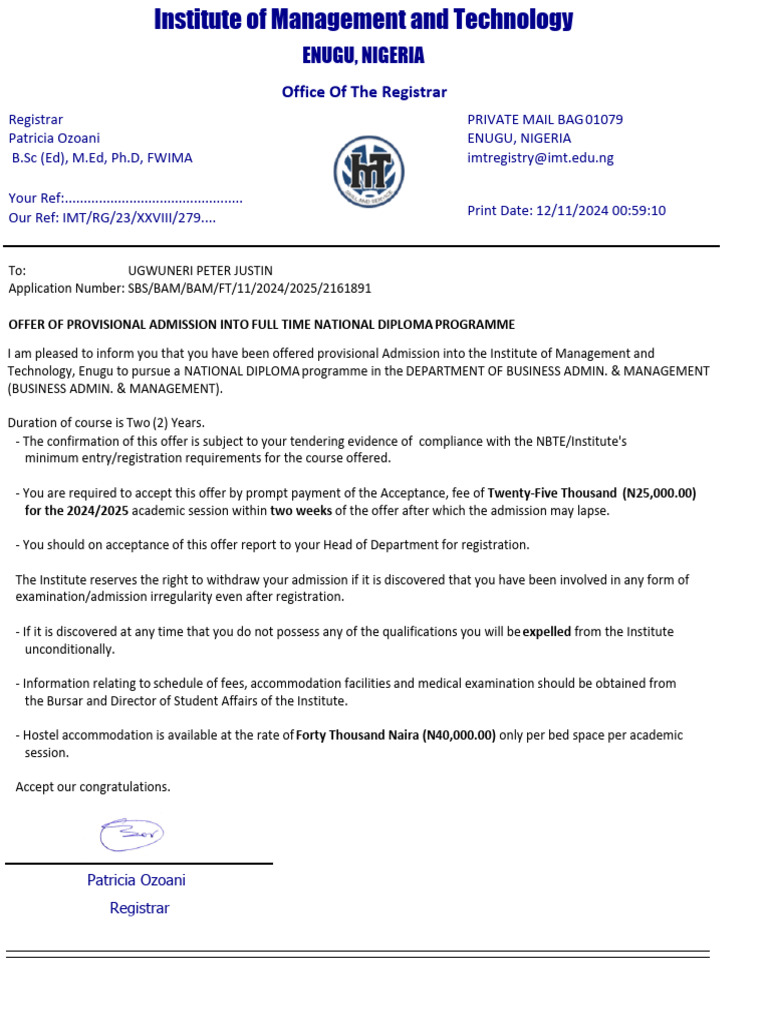 Provisional Admission Offer for ND Program | PDF | Qualifications ...