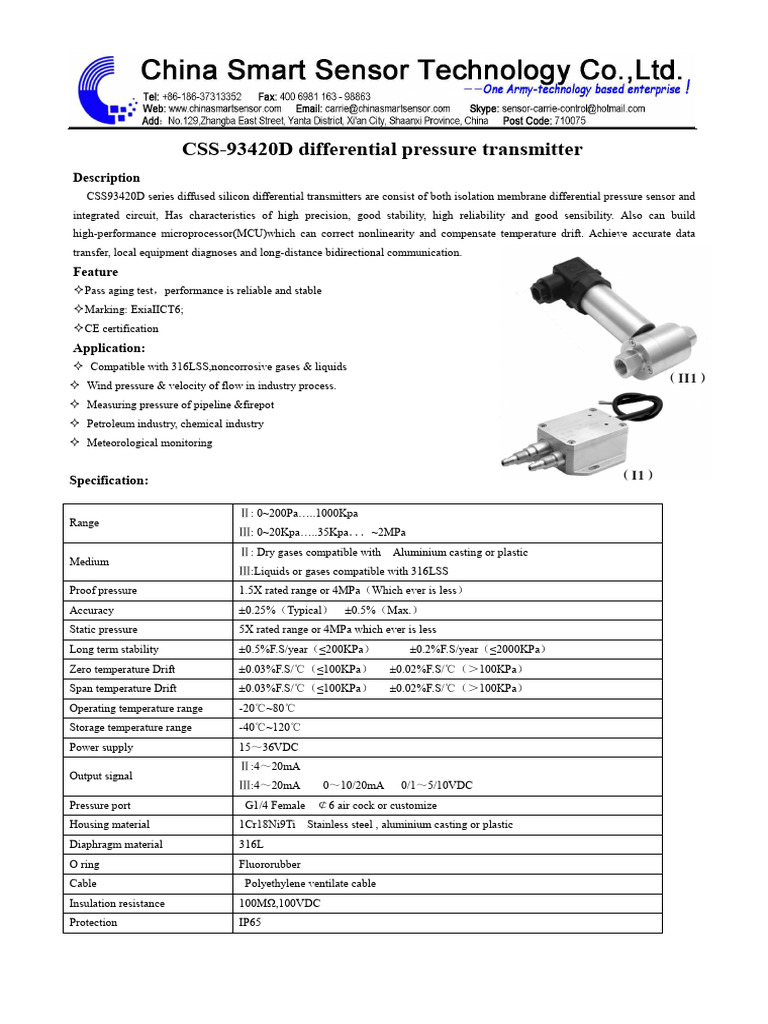 Differential Pressure Transmitter Datasheet From Cathy | PDF | Pressure ...
