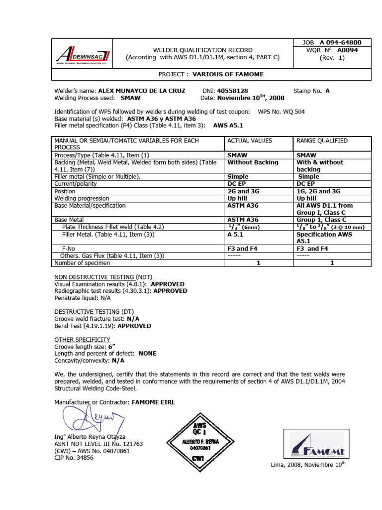 Welder Qualification Records - AWS D1.1 | PDF | Welding | Construction