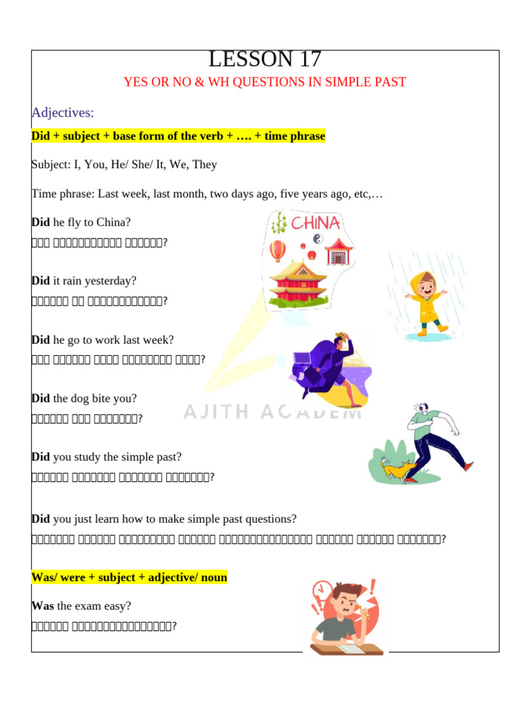 Lesson 17 - Yes or No & WH Questions in Simple Past | PDF