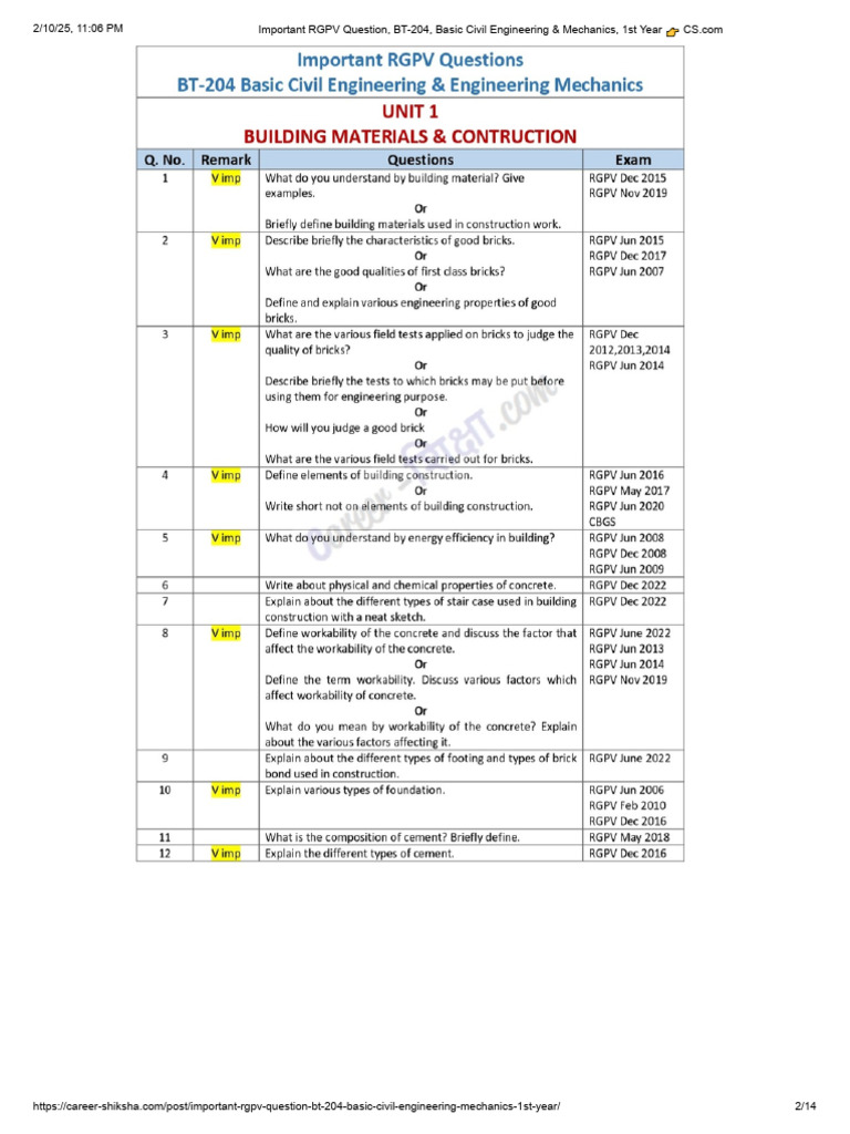 RGPV BT-204 Civil Engineering Questions | PDF | Science | Physical ...