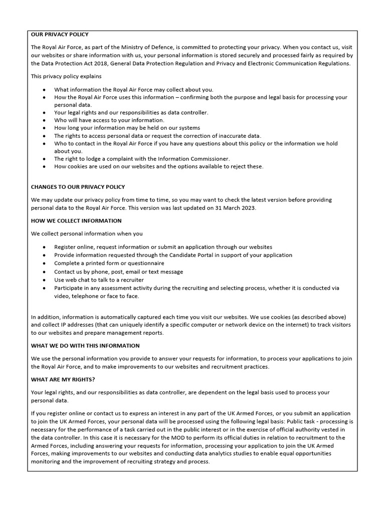 Royal Air Force Privacy Policy Overview | PDF | Http Cookie | Privacy