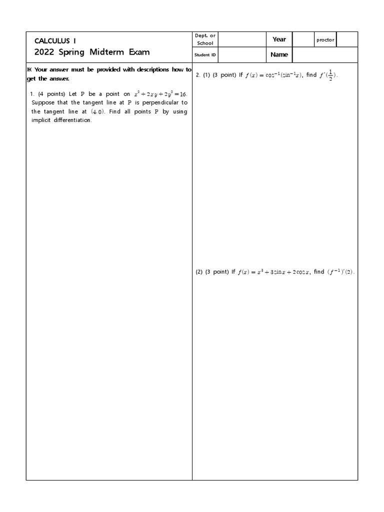 Calculus I Spring 2022 Midterm Exam | PDF | Tangent | Mathematical Physics