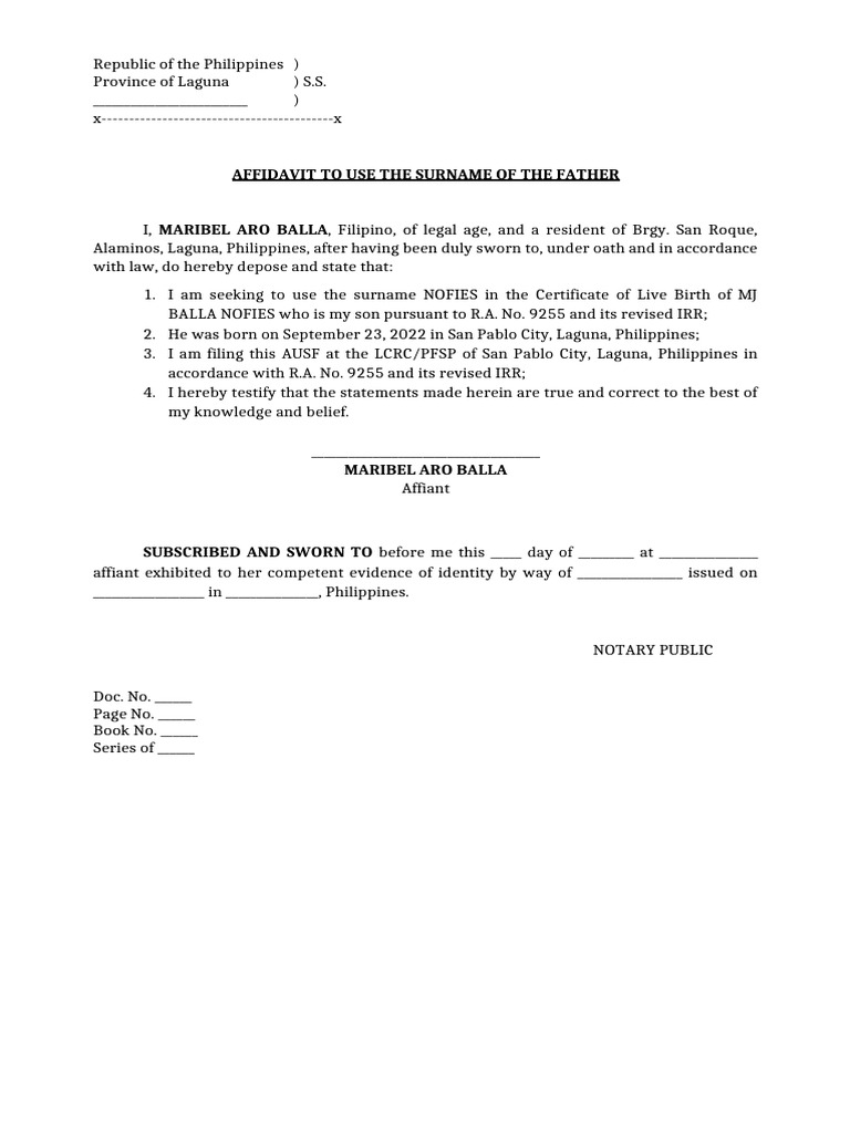 Affidavit for Surname Use in Birth Certificate | PDF
