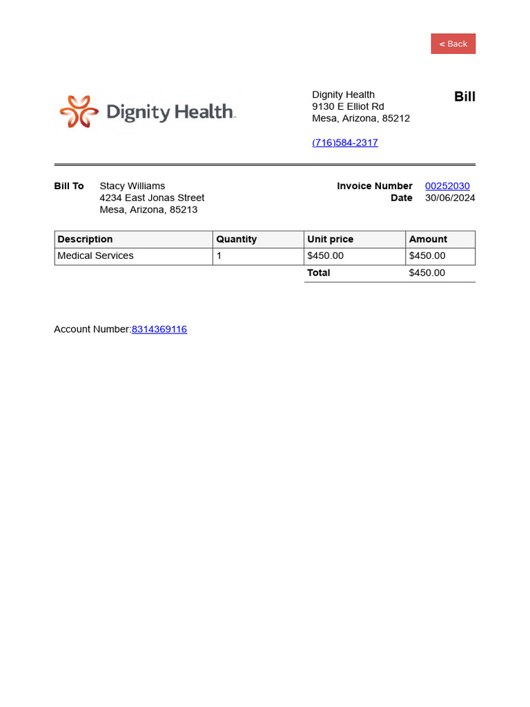 Dignity Health Invoice for Medical Services | PDF