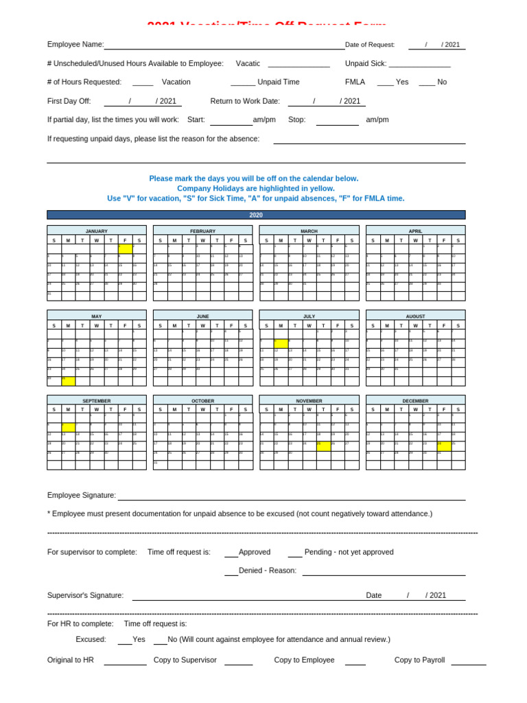 Time Off Request Form 2021 | PDF | Vacation | Employee Benefits