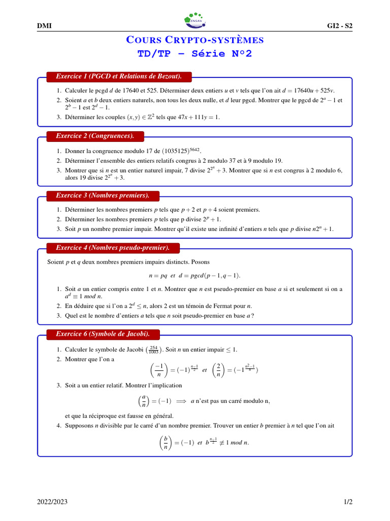 Exercices sur PGCD et Cryptographie | PDF | Nombre premier | Public-key ...