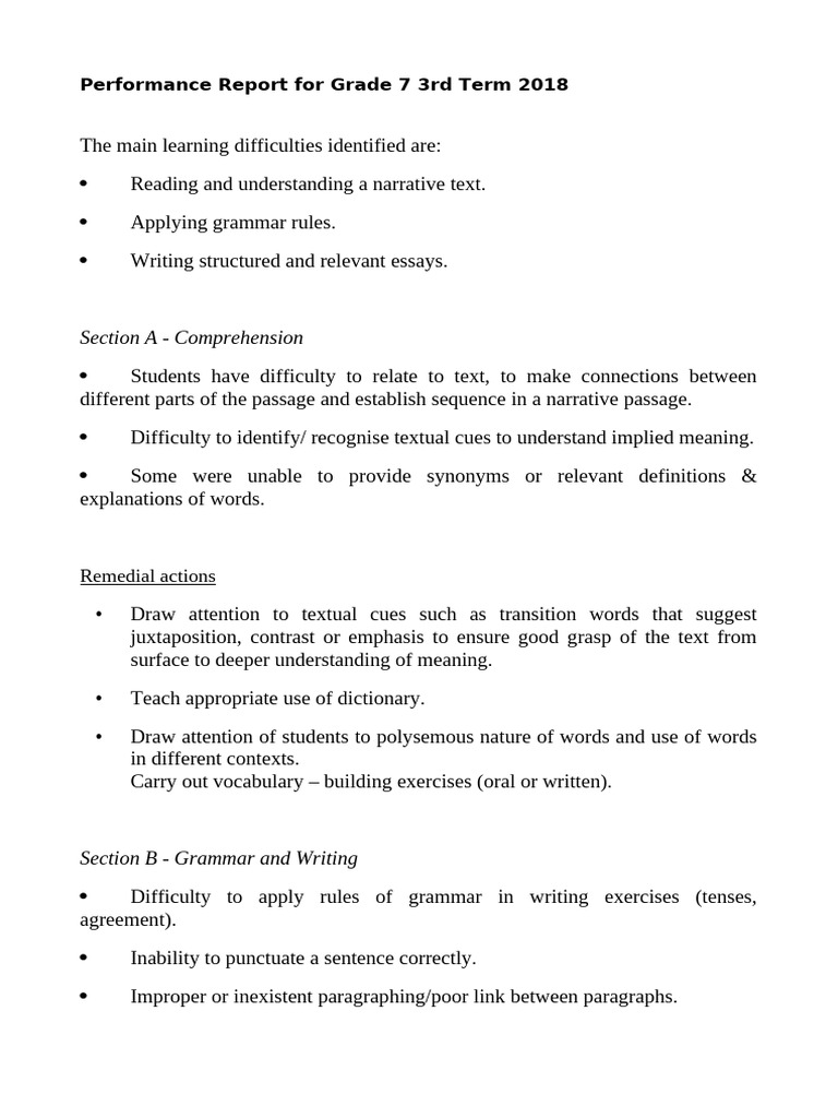Grade 7 Performance Report 2018 | PDF