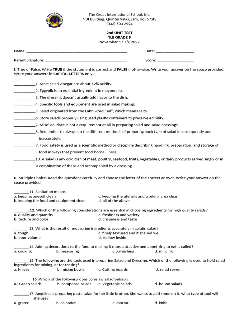TLE 9 2nd QUARTER EXAM | PDF | Salad | Hors D'oeuvre