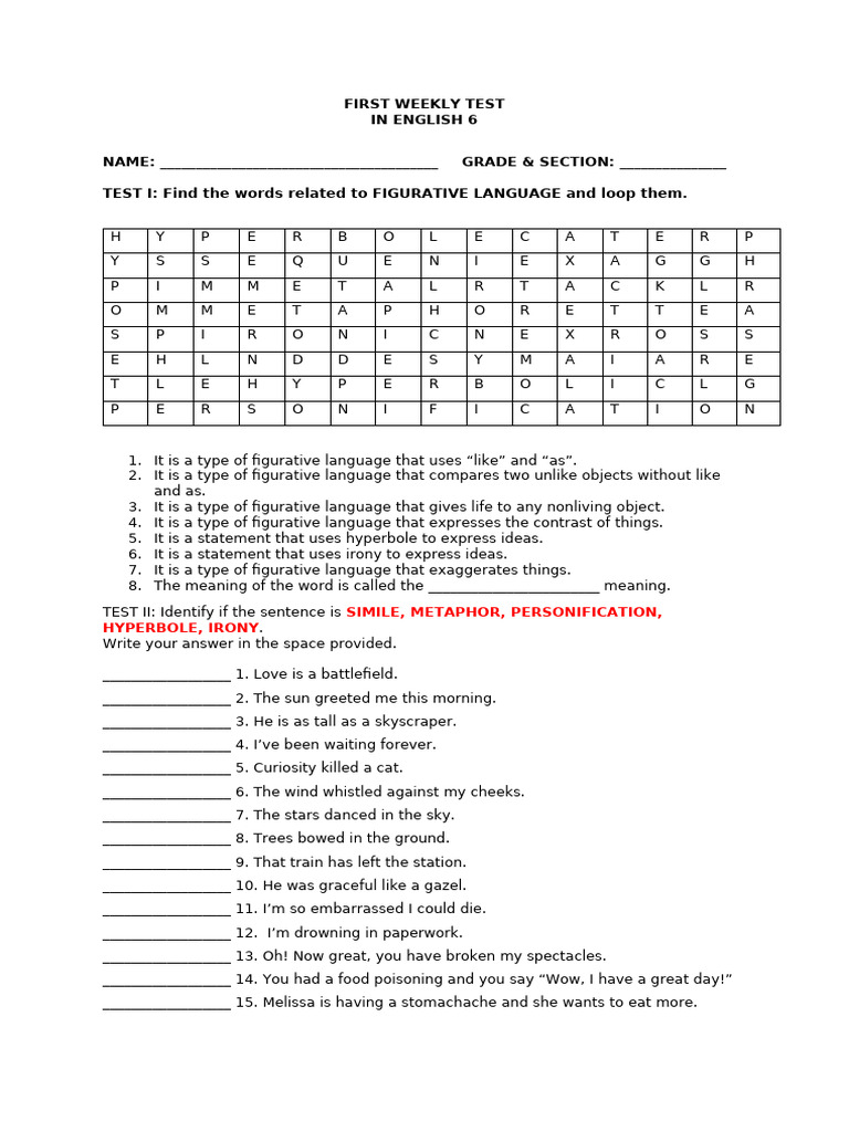 Figurative Language Test for Grade 6 | PDF | Communication | Semiotics