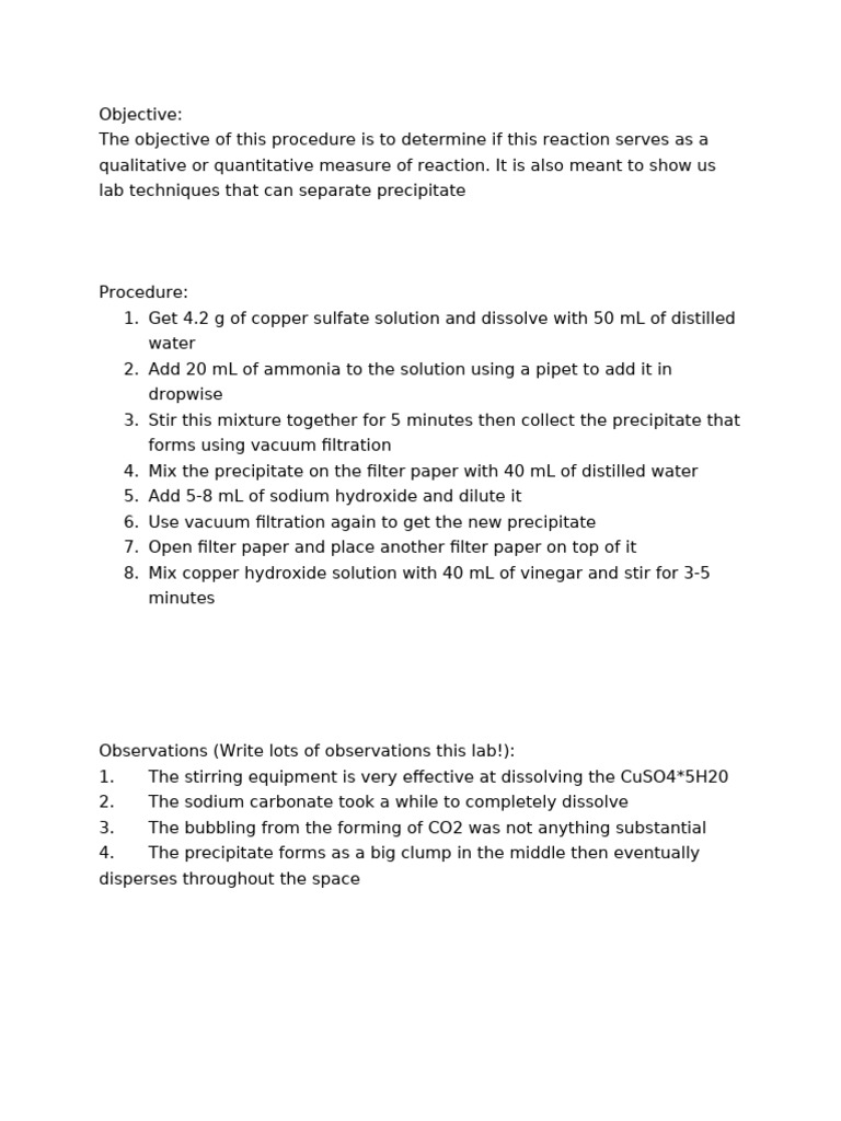 Copper Precipitation Lab Techniques | PDF | Filtration | Precipitation ...