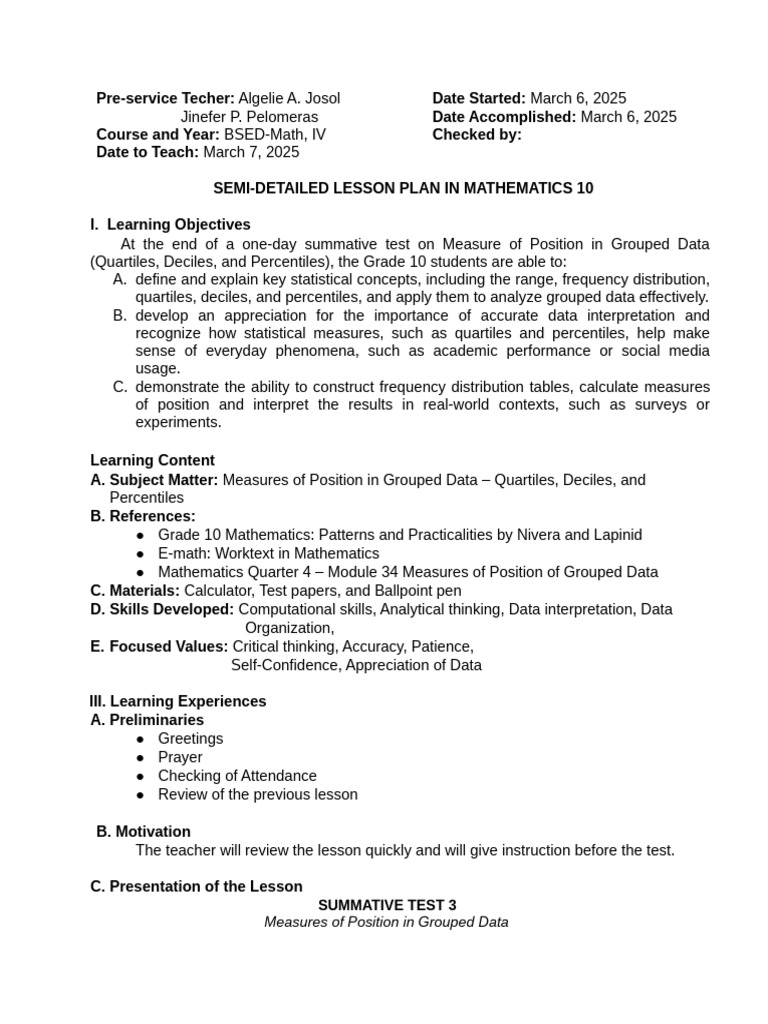 LESSON PLAN (SUMMATIVE) | PDF | Quartile | Data