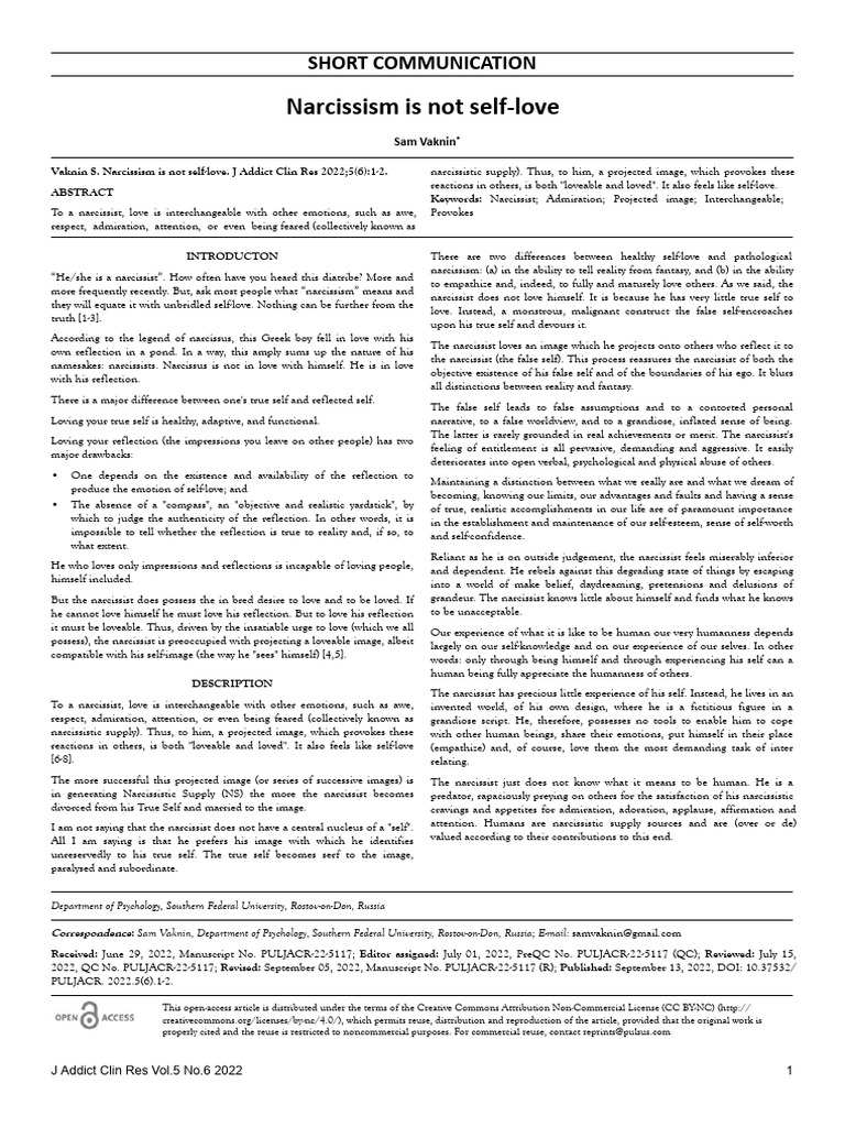 Understanding Narcissism Vs Self Love Pdf Narcissism Self Esteem