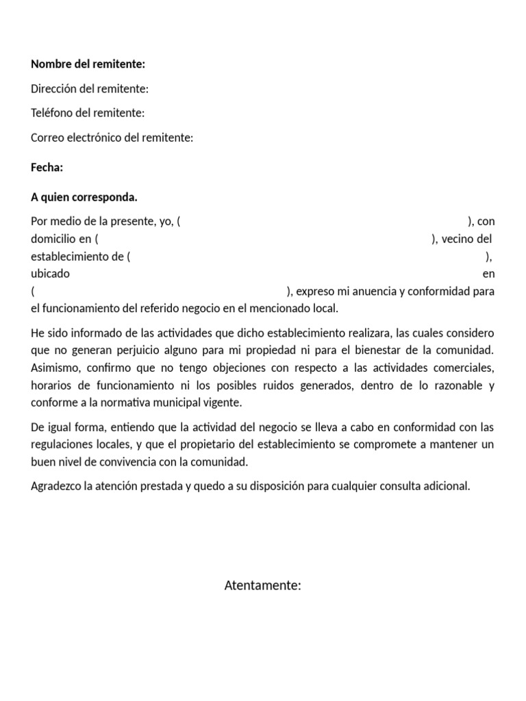 Carta de Anuencia Vecinal para Negocio | PDF