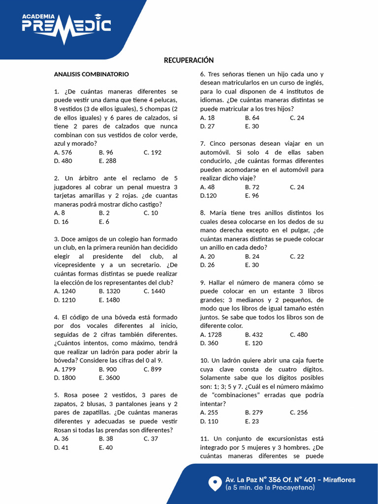 Ejercicios de Combinatoria y Probabilidades | PDF