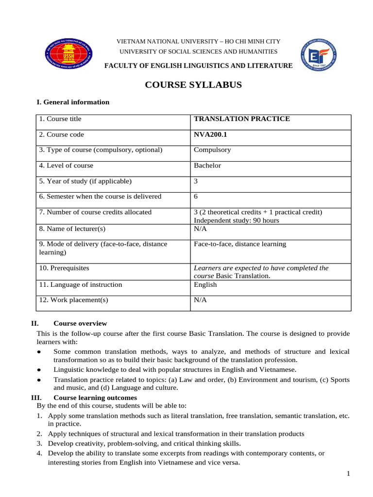 Translation Practice Course Syllabus | PDF | Adverb | Lecture