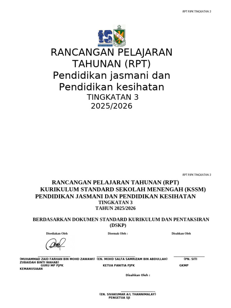 RPT PJPK Tingkatan 3 2025/2026 | PDF