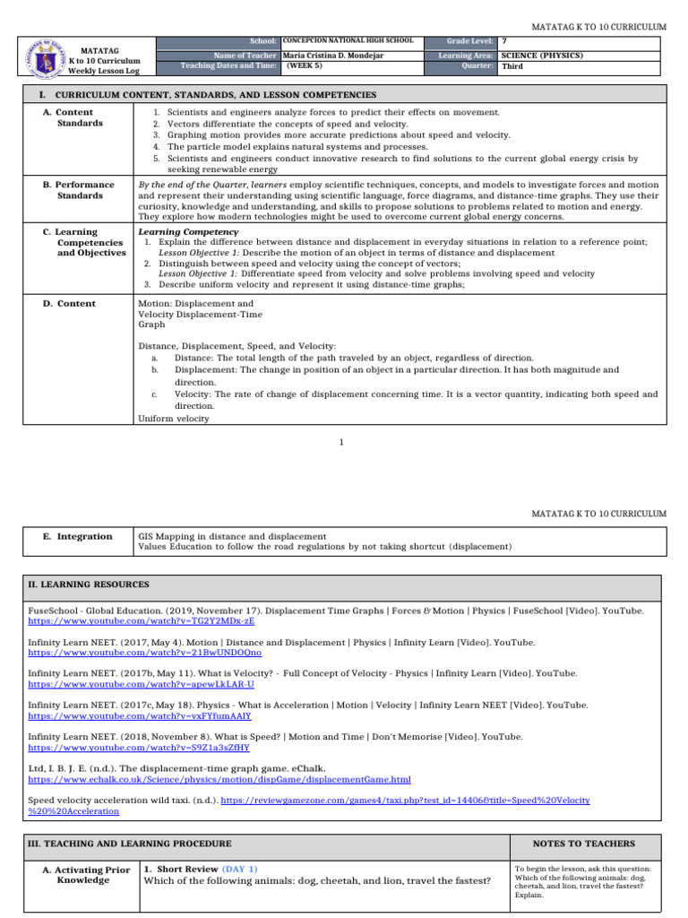 DLL Matatag - Science 7 Q3 W5 | PDF | Speed | Velocity