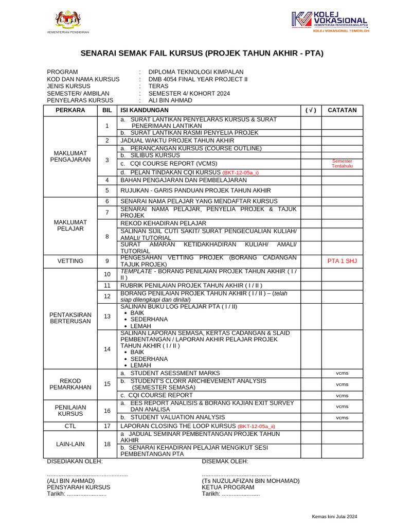 Senarai Semak PTA Kimpalan 2024 | PDF