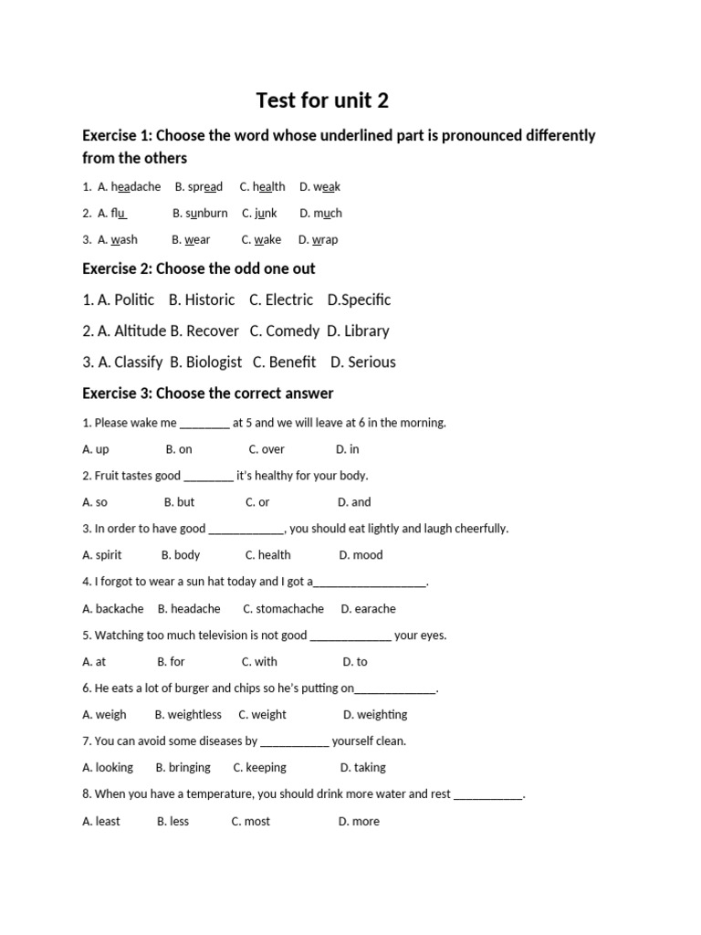 Unit 2 Health Vocabulary Test | PDF
