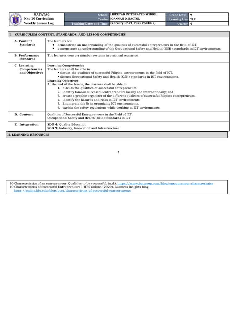 DLL Matatag - Tle 7 q1 w2 | PDF | Educational Technology | Entrepreneurship