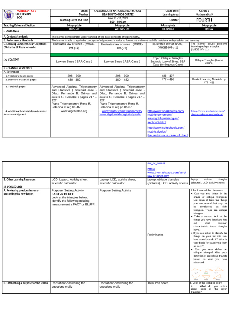 Math 9-DLL-June 13-16, 2023 | PDF | Trigonometric Functions | Trigonometry