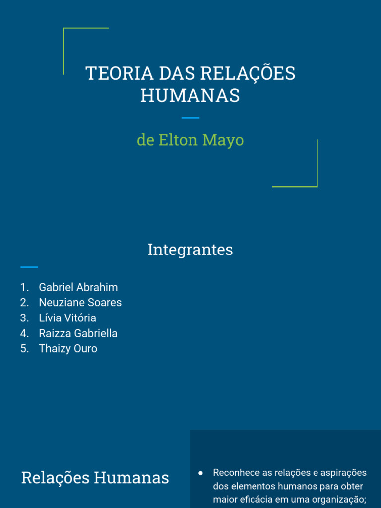 Teoria das Relações Humanas de Elton Mayo | PDF | Liderança | Ciências ...