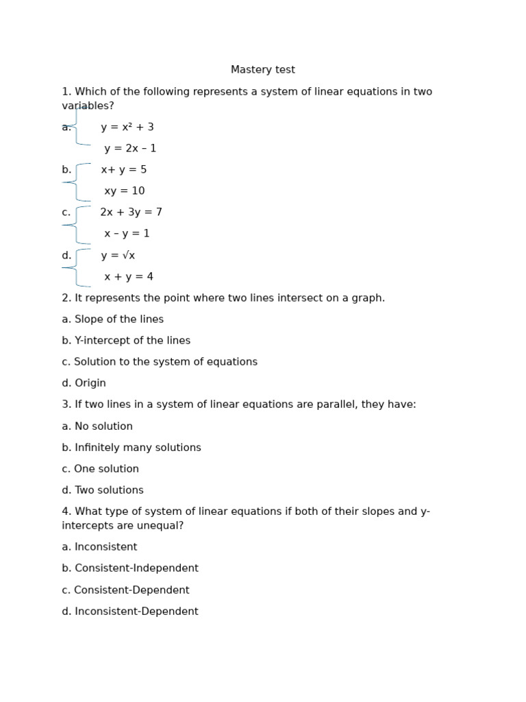 Linear Equations Mastery Test | PDF